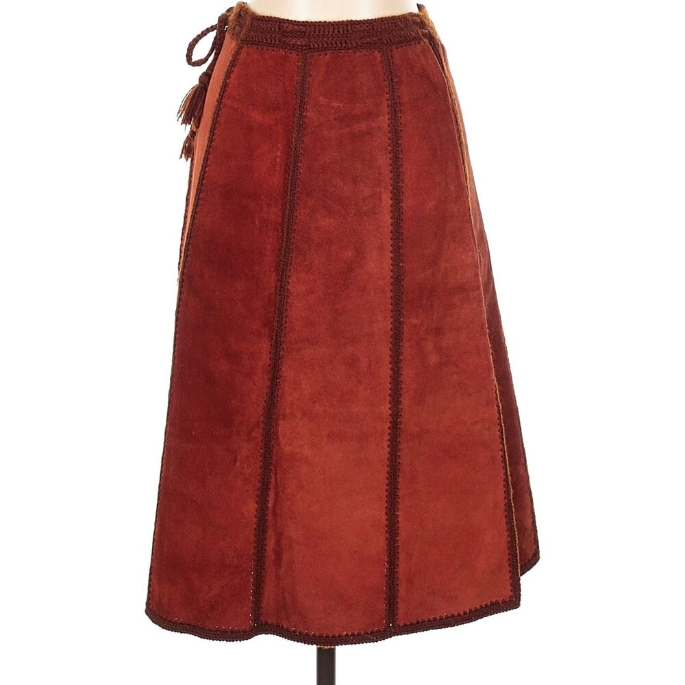Vintage Red Suede Midi Skirt Chunky Knit Boho Dark Academia Size 0 - Picture 8 of 10